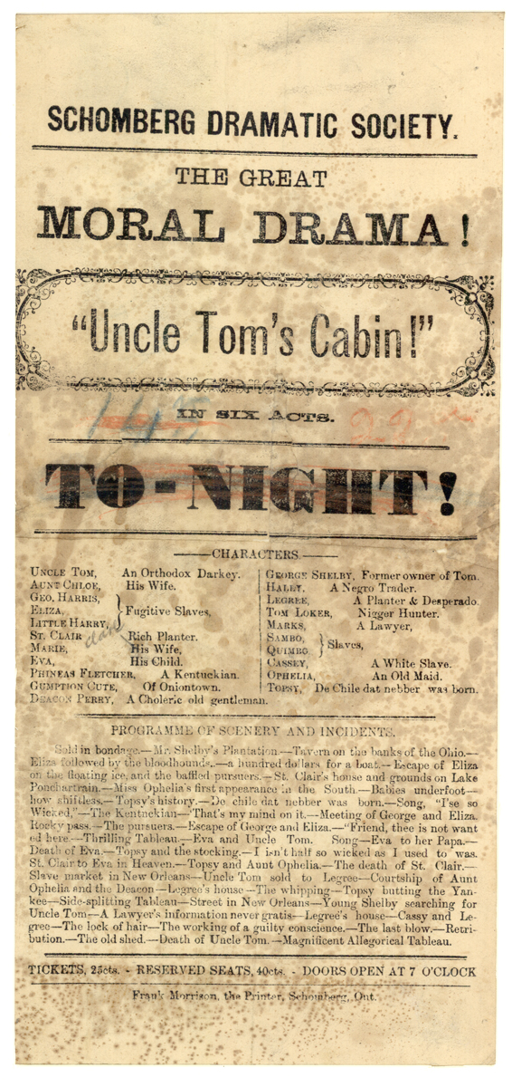 Affiche-programme publicisant une représentation de La Case de l’oncle Tom, Schomberg (Ontario), années 1890